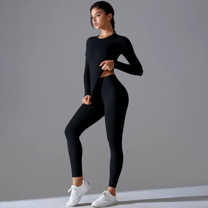 Yoga Suit Sports Set Running Workout Yoga Clothing Seamless High Waist Gym Leggings Women'S Long Sleeves Sports Running Shirt