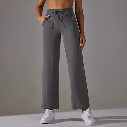 Women Leggings Wide Leg Flare Pants with Pockets Drawstring Sports Trousers High Waist Flared Yoga Leggings Fitness Running Jogg