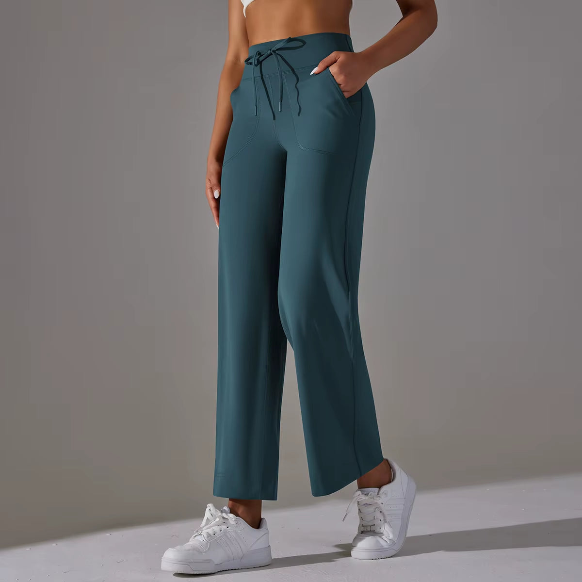 Women Leggings Wide Leg Flare Pants with Pockets Drawstring Sports Trousers High Waist Flared Yoga Leggings Fitness Running Jogg