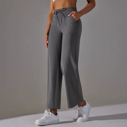 Women Leggings Wide Leg Flare Pants with Pockets Drawstring Sports Trousers High Waist Flared Yoga Leggings Fitness Running Jogg