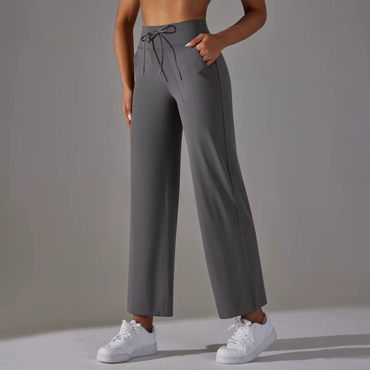 Women Leggings Wide Leg Flare Pants with Pockets Drawstring Sports Trousers High Waist Flared Yoga Leggings Fitness Running Jogg