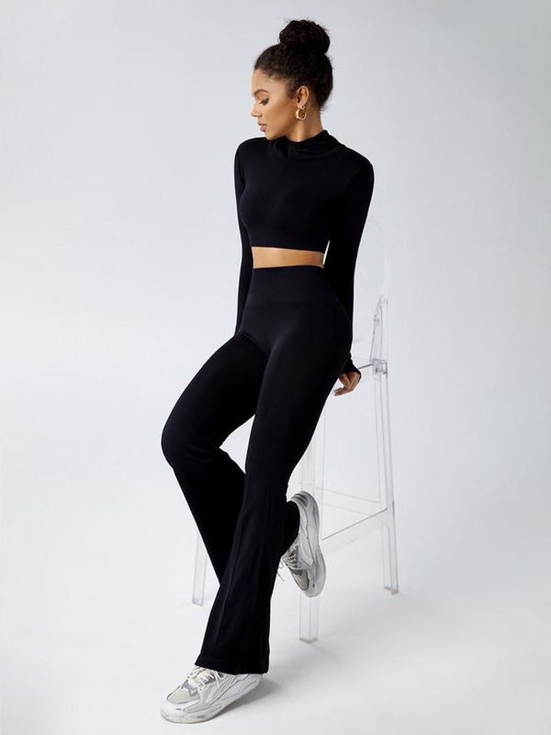 Two-Piece Set Women'S Solid Long Sleeve Hooded Crop Top & High Waist Flare Leg Pants Tracksuit Set, Sports Outdoor Workout Gym Set, Sporty Two Piece Outfits, Ladies Spring & Fall Clothes