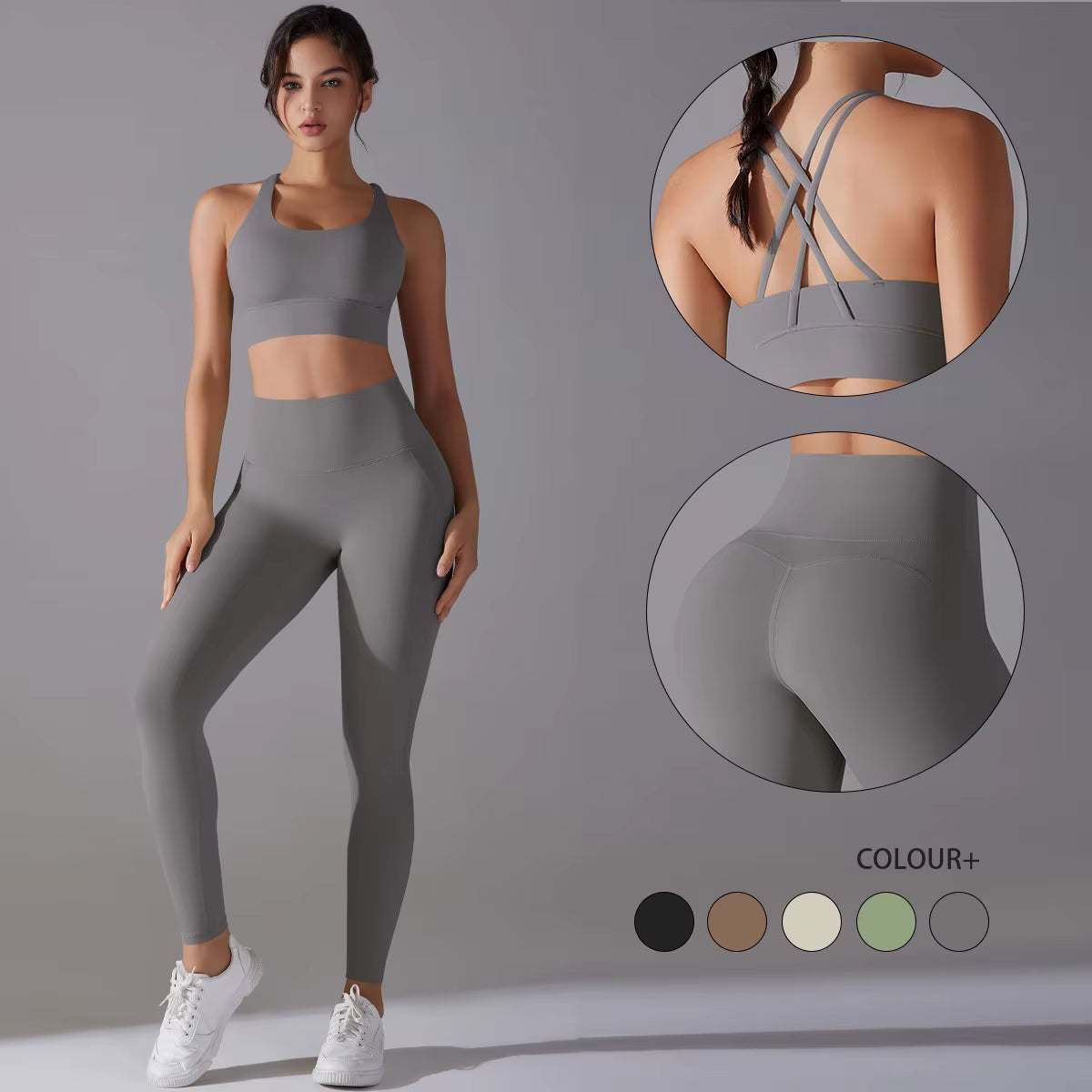 Yoga Suit Sports Set Shock-Absorbing Cross Shoulder Straps Solid Color Nylon Yoga Bra High Waist Activewear Skinny Stretch Sport