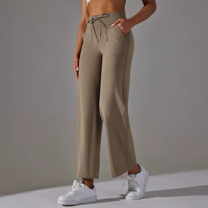 Women Leggings Wide Leg Flare Pants with Pockets Drawstring Sports Trousers High Waist Flared Yoga Leggings Fitness Running Jogg