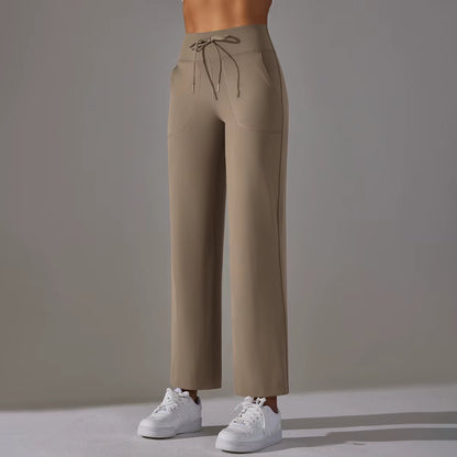 Women Leggings Wide Leg Flare Pants with Pockets Drawstring Sports Trousers High Waist Flared Yoga Leggings Fitness Running Jogg